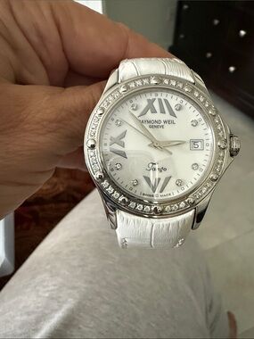 Raymond Weil Diamond Bezel Tango Watch with White Leather Strap